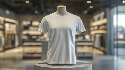 Fototapeta premium Blank White T Shirt Mockup on Mannequin in Modern Clothing Store Setting