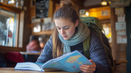 Studying a World Map in a Cozy Cafe Before an Adventure