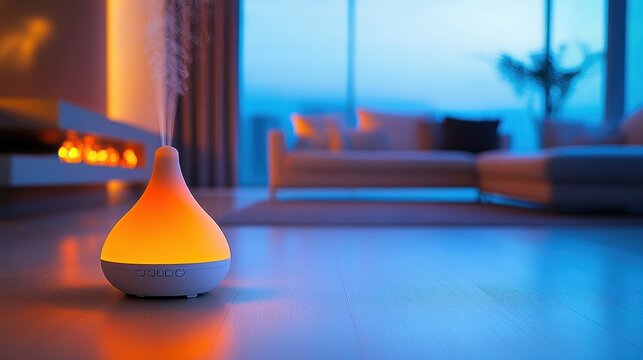 In a contemporary, minimalist living space, a sleek aromatherapy diffuser releases a fragrant mist, casting vibrant, colorful hues onto a sleek, minimalist background, creating a serene and inviting