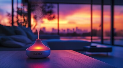 In a contemporary, minimalist living space, a sleek aromatherapy diffuser releases a fragrant mist, casting vibrant, colorful hues onto a sleek, minimalist background, creating a serene and inviting