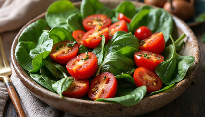 Simple Tomato Spinach Salad Artistically Arranged in Bowl, Green leaves and red fruit, harvest