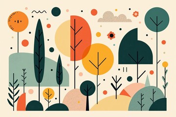 A Colorful Abstract Landscape Featuring Stylized Trees and Geometric Shapes in Varying Colors, Celebrating the Beauty of Nature in an Artistic Composition.