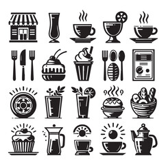 Silhouette icon set of cafe icons, restaurant icon, food and drink icon vector style on white background.