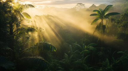 Lush Rainforest at Dawn With Mist and Sun Rays Breaking Through