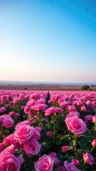Obraz premium A field of pink roses stretching towards the horizon where the sky meets earth, earth, sky