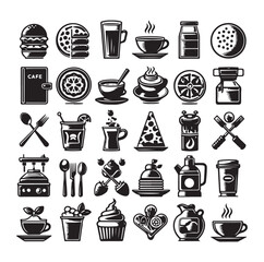 Silhouette icon set of cafe icons, restaurant icon, food and drink icon vector style on white background.