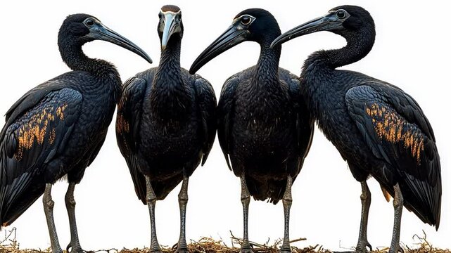 The Four Ibises: A captivating portrayal of four sleek black ibises standing shoulder-to-shoulder, their long, curved beaks adding to their distinctive elegance.