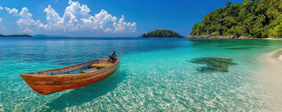 Panoramic Beach Scene: Turquoise Ocean, Blue Horizon, Surfing Boat, Tropical Island Paradise - Perfect Summer Travel Destination