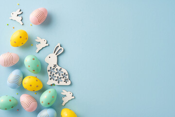 Festive Easter setting featuring pastel colored eggs and bunny decor arranged creatively