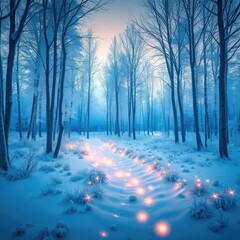A frozen forest glows with an ethereal softness, ethereal, frozen
