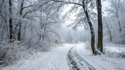 A serene snowy path winding through a tranquil forest, surrounded by tall trees blanketed in fresh snow