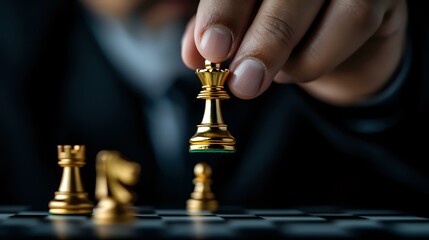Male hand moving golden chess queen piece on dark board with dramatic lighting, symbolizing business strategy, leadership and decisive action in competitive environment.