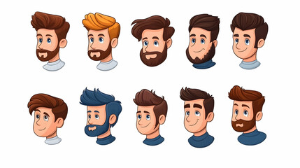 Collection of cartoon male headshots with various hairstyles and beards