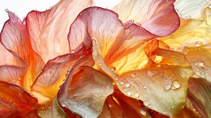 Delicate flower petals in warm hues dotted with water droplets, ethereal light