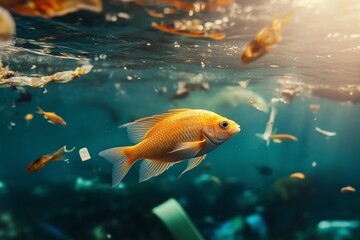 Fototapeta premium fish swimming around ocean trash