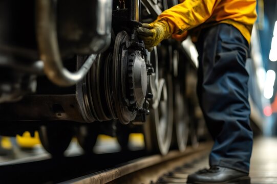 Railway worker checking train wheels and brakes, ensuring safety and proper functioning before departure - Powered by Adobe