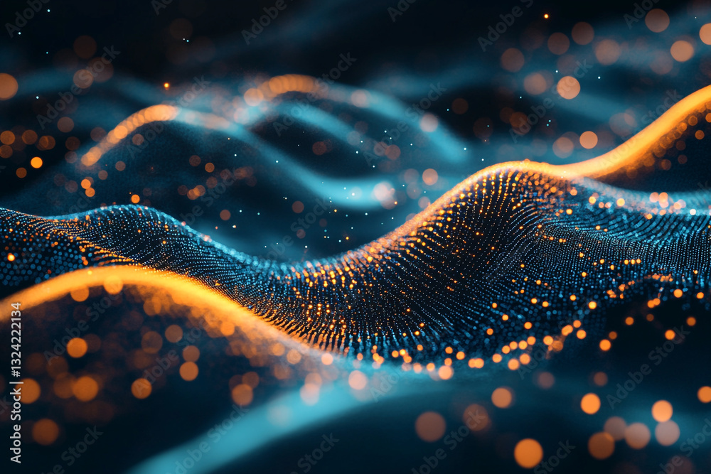 Wall mural abstract blue and orange particle wave digital background flow dark shiny bokeh light space design