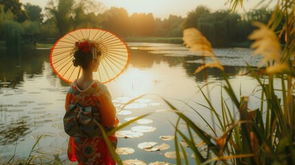 Woman in traditional attire holding a parasol by a serene lake at sunset, surrounded by nature
