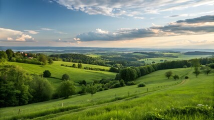 Fototapeta premium A vibrant green field surrounded by trees, with a backdrop of fluffy clouds creating a peaceful outdoor scene
