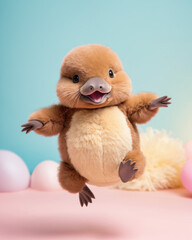 fluffy doll baby platypus glides through the air, joyful and cute, showcasing pastel colors and a studio backdrop.