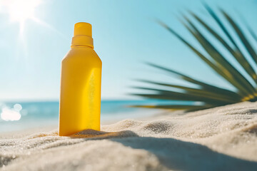 Elegant sunscreen advertisement featuring a sleek, minimalist sunscreen bottle set against a radiant sunlit background with golden hues and soft shadows.