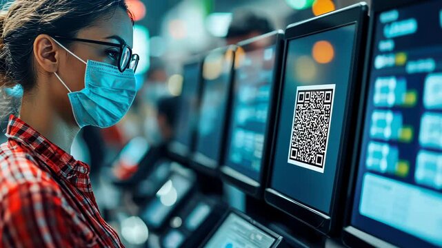 Mobile payment integration, A woman wearing a mask interacts with digital screens, Digital wallet integration with a QR code scanner at a point-of-sale terminal.