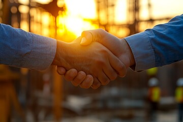 Two men shake hands on construction site at sunset