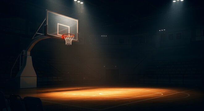 Dramatic Basketball Court, A Focus on the Hoop and Illuminated Arena Spotlight