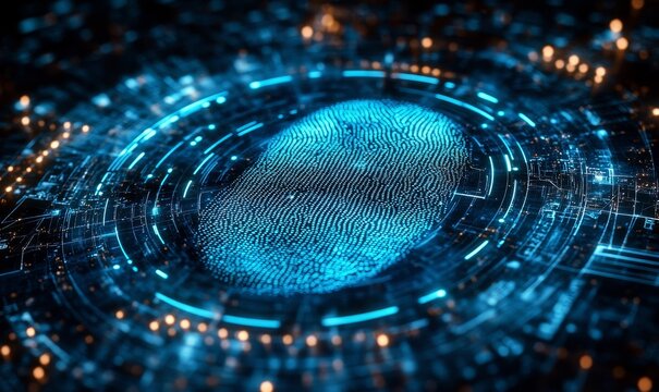 Digital fingerprint, security concept with glowing blue details. It embodies advanced technology, safeguarding data and identity. The image reflects innovation and modern security measures