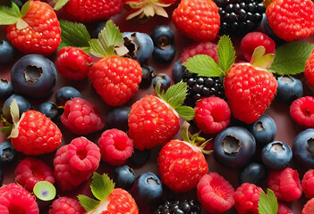 Obraz premium Fresh mixed berries including strawberries, raspberries, blueberries, and blackberries on a white background