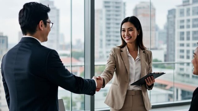 Businesswoman Shaking Hands During Meeting in Modern Office with City View