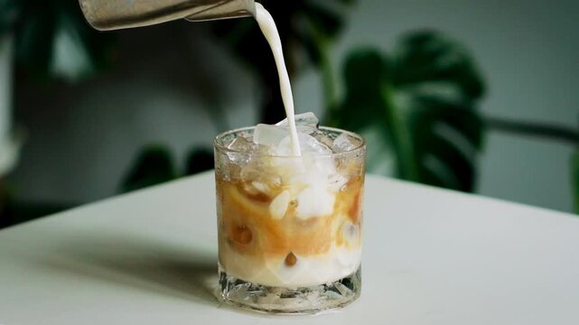 pouring milk make iced latte coffee Summer drink. 4K video
