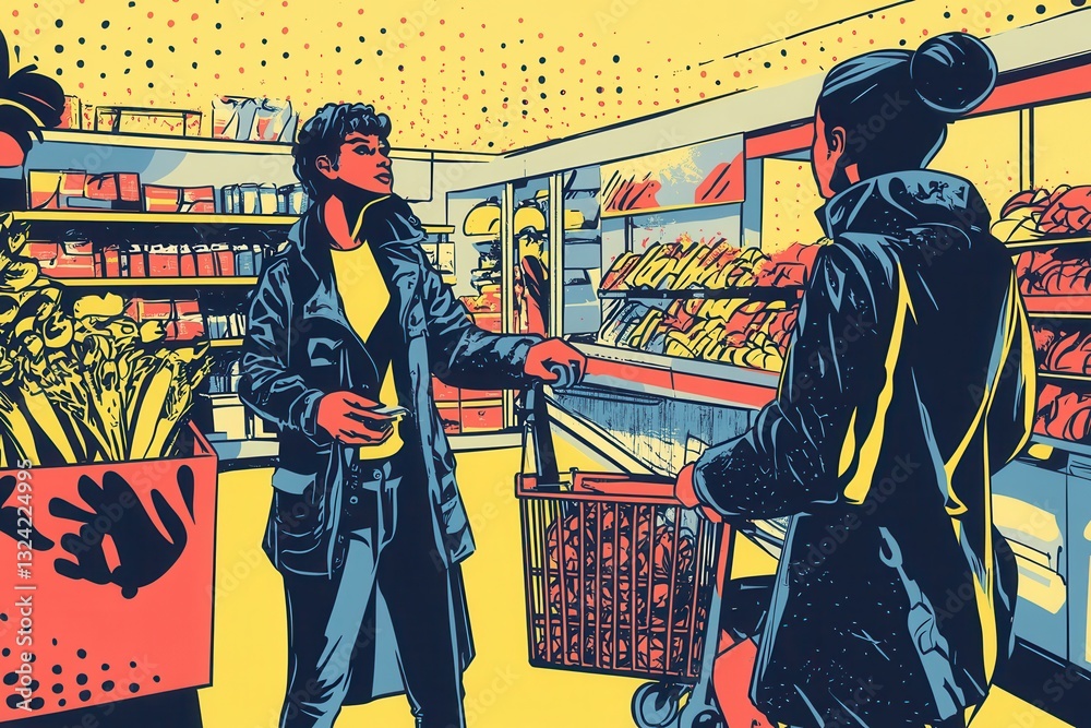 Poster grocery shopping in a modern store with dynamic comic book illustration style featuring virtual cart