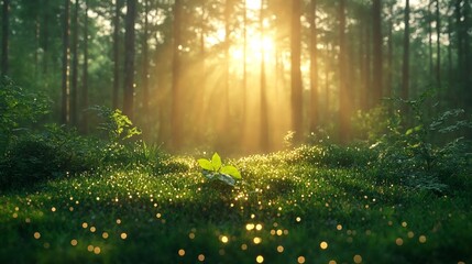 Obraz premium La luz del sol brilla entre los árboles, iluminando el suelo cubierto de rocío en un tranquilo bosque.