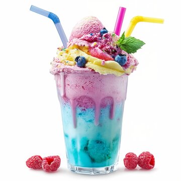 Un delicioso y colorido batido con varios sabores, adornado con frutas y coberturas.