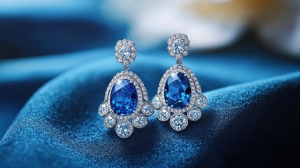 A pair of delicate gemstone earrings, their brilliance accentuated by a radiant diamond, rested against a velvety backdrop of soft blue, a testament to the allure of precious gems.
