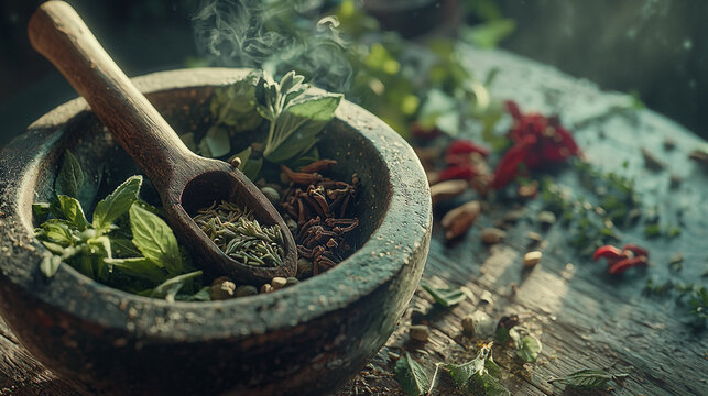 Fragrant herbs and spices in rustic wooden bowl preparation food mint dark life cumin chili green