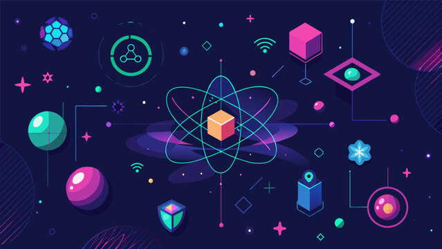 Glowing symbols float in a dark space representing the intricate algorithms used in quantum computing for data analysis.. Vector illustration