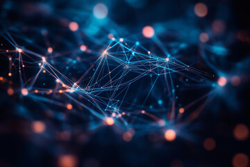 Abstract network digital connections blue orange technology background web data dots dark mesh light