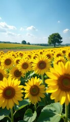 Fototapeta premium Field of girasoles with a few scattered trees in the background, fields, scenery