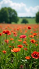 Fototapeta premium field of Ranunculus flowers swaying in the wind with trees in the background, serene landscapes, countryside scenery