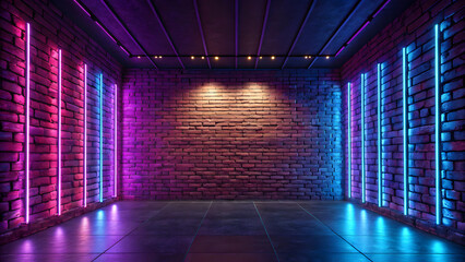 vibrant and futuristic backdrop featuring brick wall illuminated by colorful lights