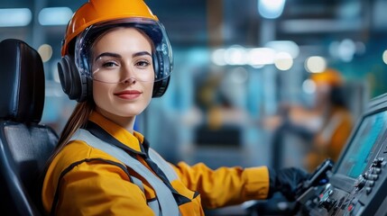 Female operator in safety gear industrial facility portrait busy environment close-up empowerment