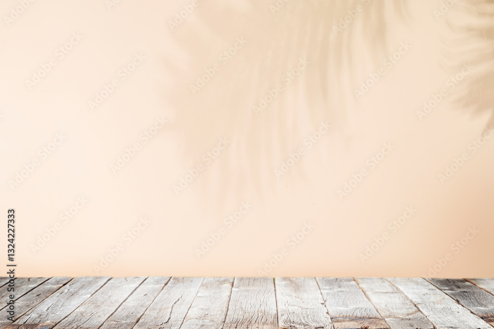 Fototapete template with empty table and wall with leaves shadow
