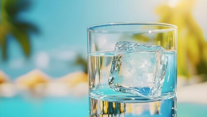 A glass of water with a large ice cube, set against a blurred tropical background. Concept Tropical Refreshment, Ice Cube Aesthetics, Summer Vibes, Blurry Background, Hydration Inspiration