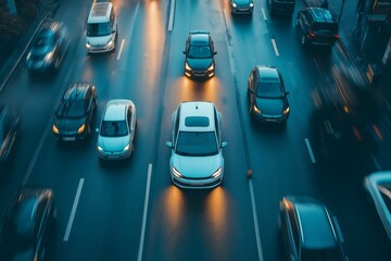 White autonomous car driving on a multi lane highway in the middle of traffic at dusk, seen from above
