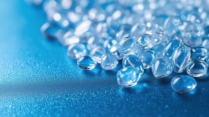 A cluster of transparent capsules, their contents a vibrant blue, lay scattered across a sleek blue surface, symbolizing the innovative pharmaceutical industry.