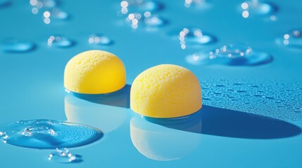 A pair of bright yellow earplugs, nestled on a vibrant blue surface, offered a haven of tranquility, their soft foam cushioning and secure fit promising a respite from the world s cacophony.