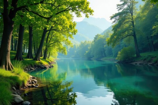 Filare di alberi riflesso nel lago cristallino, trees, calm, peaceful