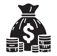 Money bag or stash of money flat icon silhouette vector icon on white background.